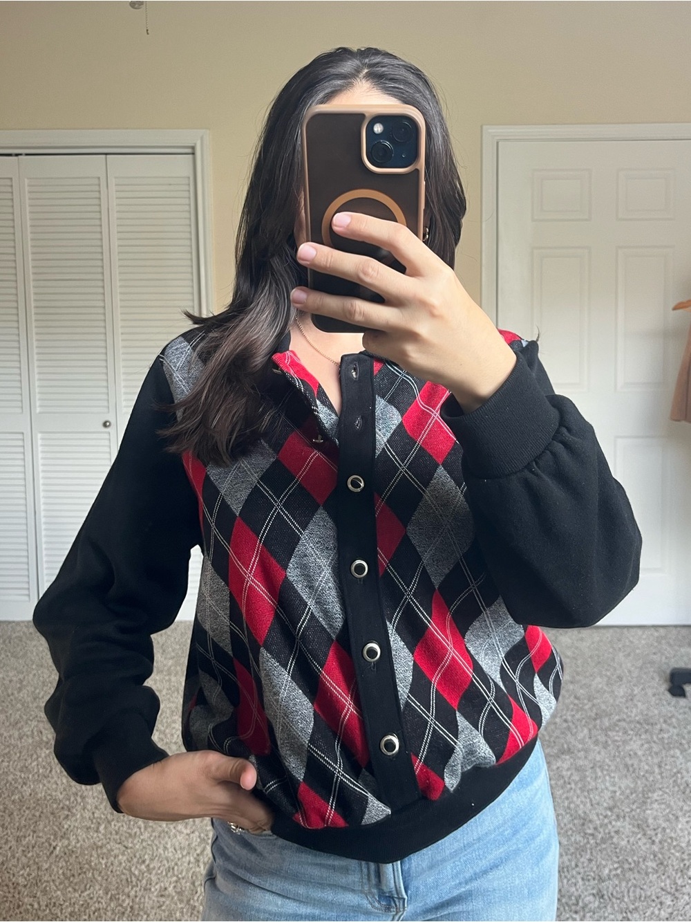 Alfred Dunner Black, Red & Gray Argyle Button-Up